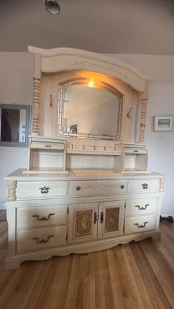 Vintage Light Wood Pier Dresser with Mirror Hutch