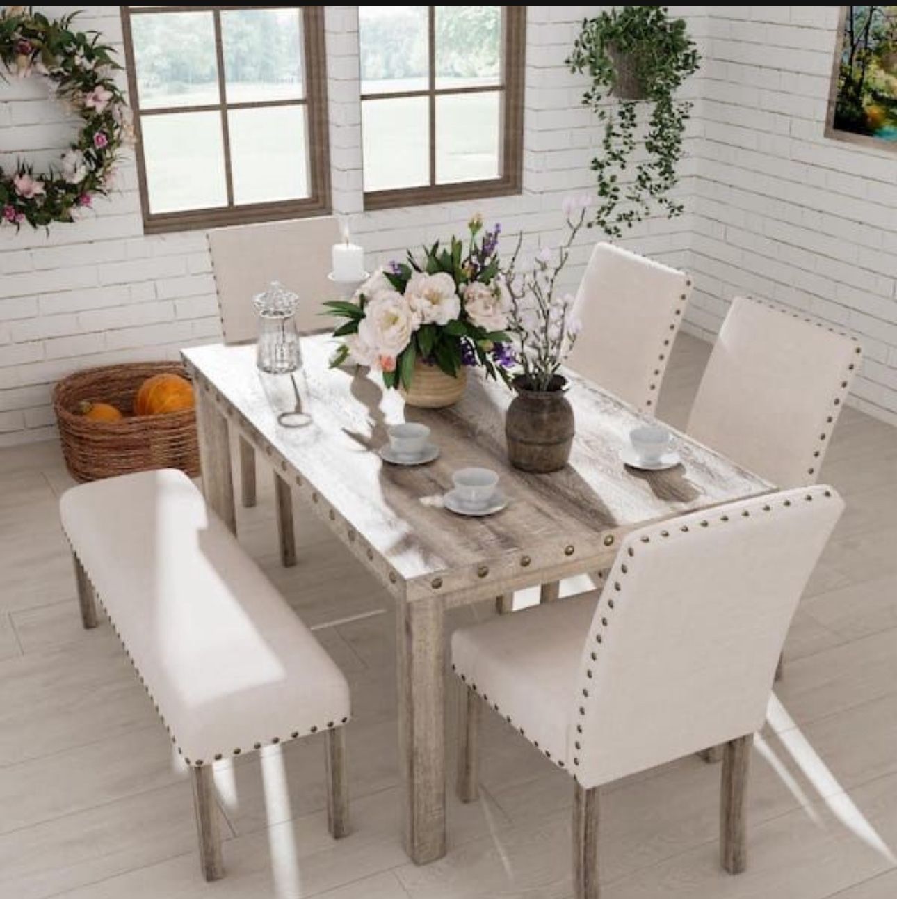 6-Pieces Rustic Rectangular Wood Tone Top Dining Table with Chair and Bench Set for Farmhouse Kitchen 6-Seats