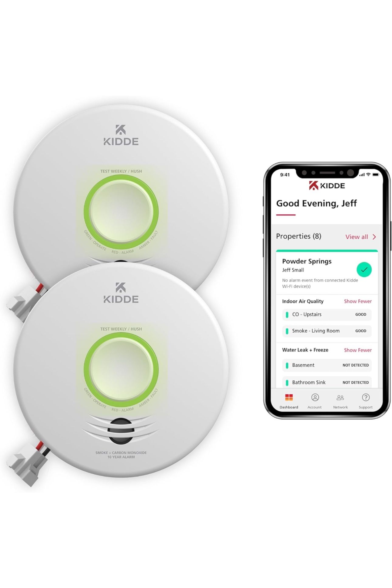 Kidde Smart Smoke & Carbon Monoxide Detector, WiFi, Alexa Compatible Device, Hardwired w/Battery Backup, Voice & App Alerts, 2 Pack