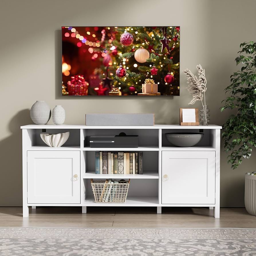 Farmhouse TV Stand for TVs up to 60 Inch,Modern Entertainment Center,TV Console with Storage Cabinet,Media Console with Barn Ring Pulls,White Tv Stand