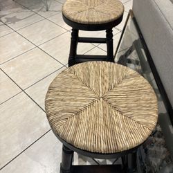 TWO Solid Wood Backless Round Counter Stool 24" Straw Seat For Sale $40
