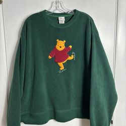 VTG Disney Winnie The Pooh Ice Skating Green Fleece Sweatshirt Crewneck XL 