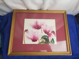 Vintage Embroidered Crewel Pink Cyclamen Flowers Photo Approximately 12" x 15"