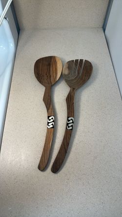 Hand crafted Olive wood salad servers / African accent