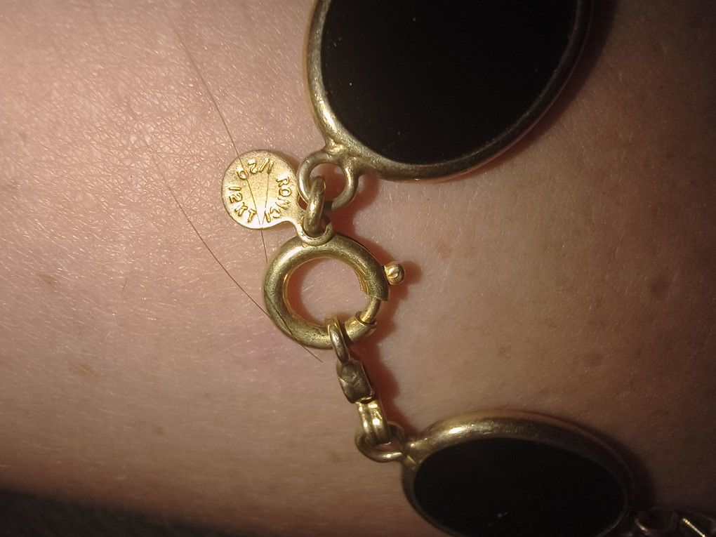 Vintage 12k Gold Filled Oval Flat Black Onyx Link Bracelet 7.5 