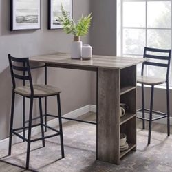 3 Piece Drop Leaf Counter Height Table Set with Storage