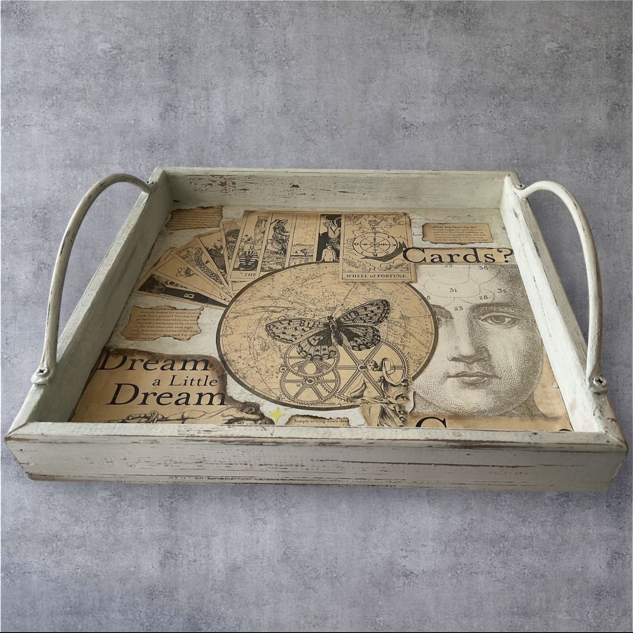 Reimagined Tarot/Scientific Academia Themed Vintage Wooden Tray