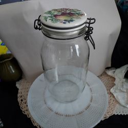 Vtg Carlton Glass 2 Liter Jar With Porcelain Lid With Wire Closure .