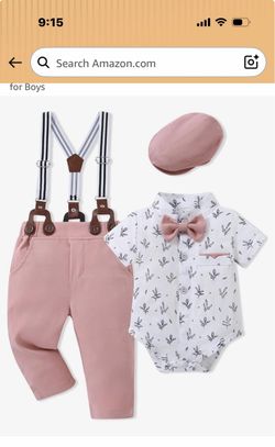 Baby Boy Clothes Suit  3-6 months Infant Wedding Formal Outfits 5Pcs Set Baby Boy Dress Clothes Infant Boys Suits Short Sleeve Shirt+Bowtie+Beret+Susp