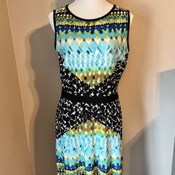 Womens Slimming Stretchy Colorful Black Green Blue Geo Dress Sz 10(M/L)