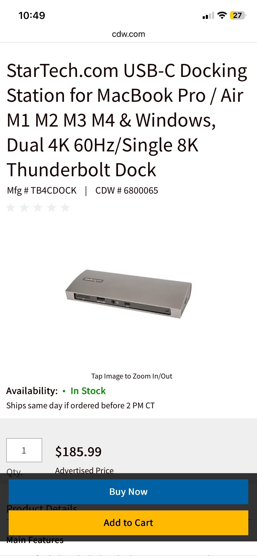 Startech USB-C Docking Station for MacBook Pro / Air M1 M2 M3 M4 & Windows, Dual 4K 60Hz/Single 8K Thunderbolt