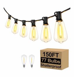 150 ft ST38 LED String Lights 77 Bulbs Shatterproof Connectable Black