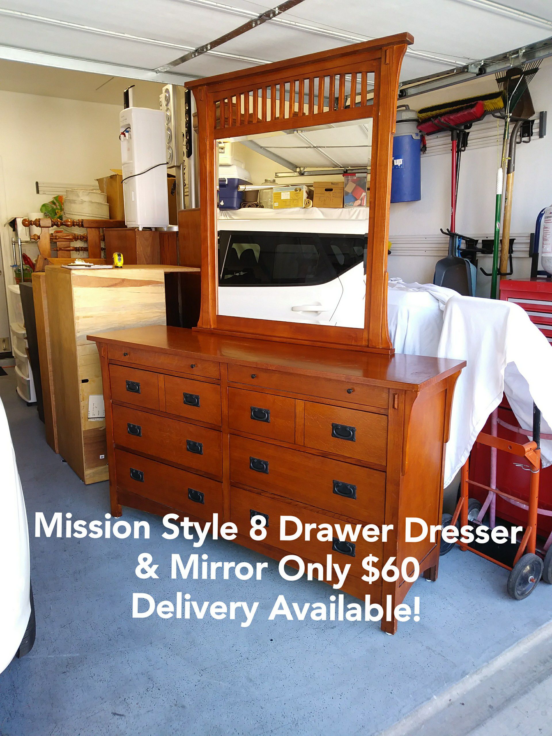 Mission Style 8 Drawer Dresser w/ Beveled Glass Vanity Mirror