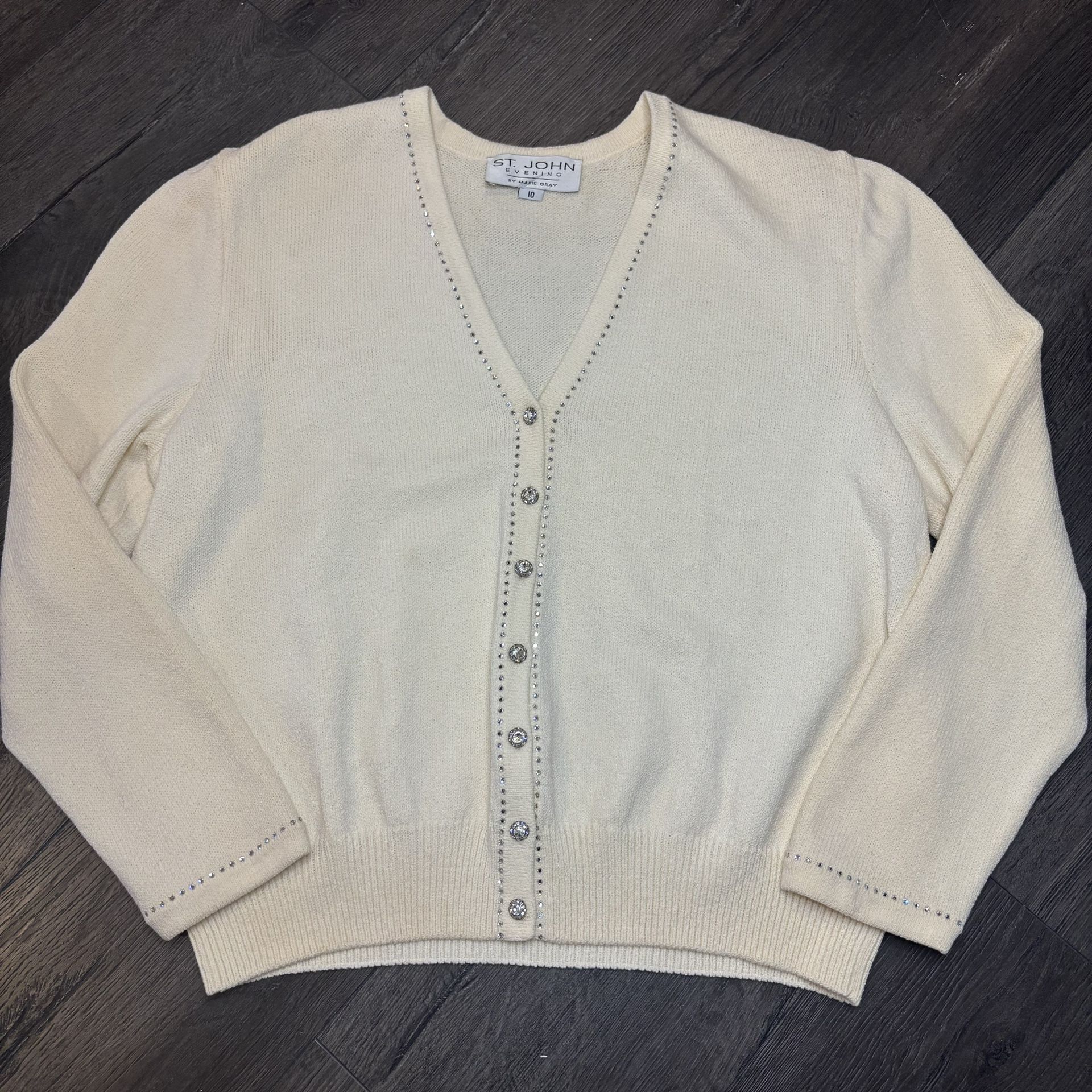 St John Evening Cream Knit Suit Jacket Button Up Sz 10 Rhinestone Jewled Diamond