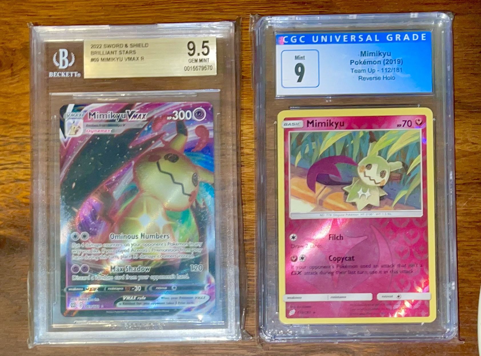 Pokemon: (2) - 'Mimikyu' Cards: VMAX + Team-Up (Reverse Holo) - BGS & CGC Graded