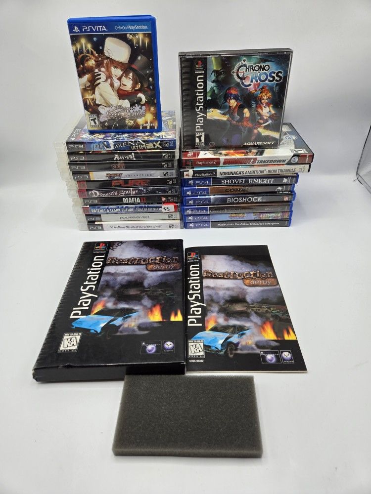 Mixed Lot of 21 game cases (PS1,PS2,VITA,PS3, PS4) long Box, Saw, Asuras Wrath