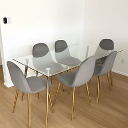 Larger Rectangle Table Gold Glass Dining Set For 6 People