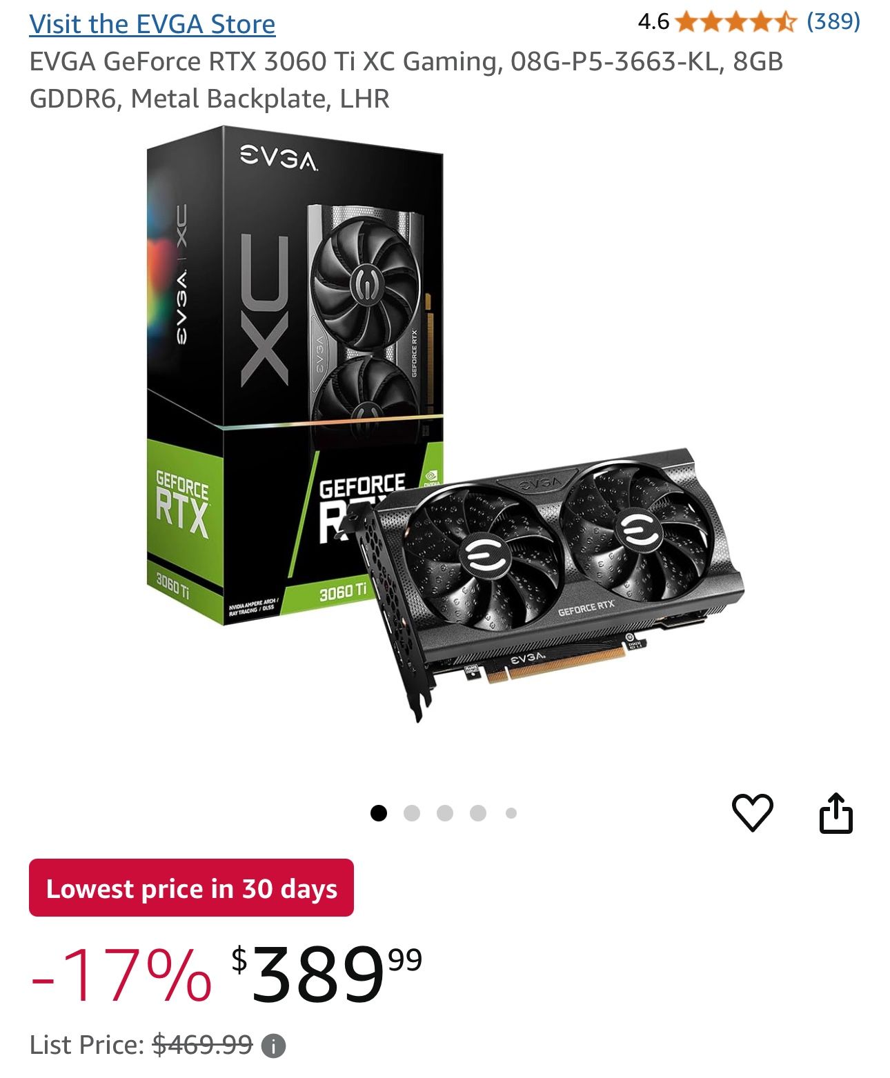 EVGA GeForce RTX 3060 Ti XC GAMING 8GB GDDR6 Graphics Card (08G-P5-3663-KL)