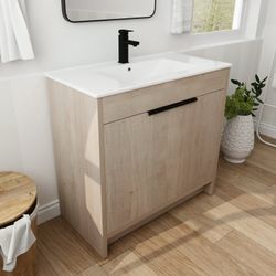 Holaki 36 inch Freestanding Bathroom Vanity with White Ceramic Sink & 2 Soft-Close Cabinet Doors, Light Oak