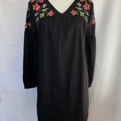 Old Navy Floral Embroidered Tunic Dress Black V-Neck Sz M Boho-flaw