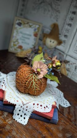 Crocheted Pumpkin Fall Decor with Floral Stem