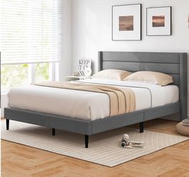 Queen Bed Frame with Wingback Headboard Linen Upholstered Platform Bed