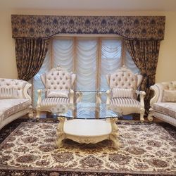 complete Set Two sofas with chairs, coffee table, curtains, dining table with 6 chairs, like new Only For $2000