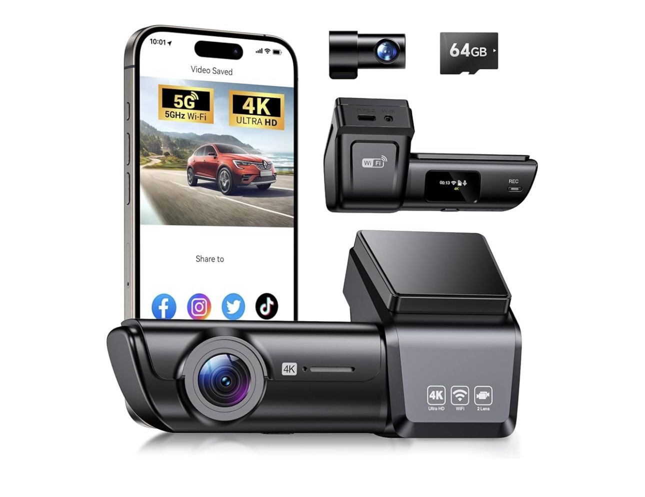 Brand new Car Camera Dash Cam Front and Rear, 4K+1080P 170° Wide Angle Dual Dash Camera for Cars with 64GB Card,Wireless 5G WiFi&App Control,WDR/HD