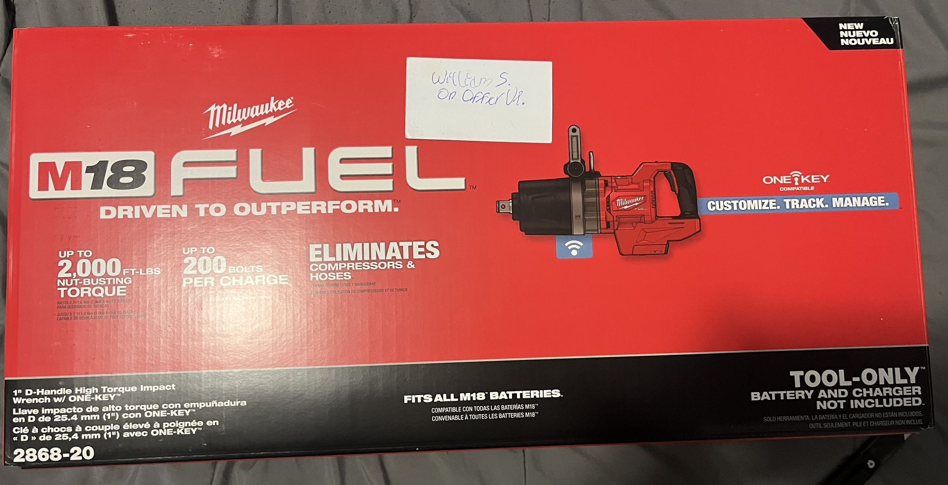 Milwaukee M18 Fuel 18V Lithium-Ion Brushless Cordless 1 In. Impact Wrench with D-Handle (Tool Only) 2868-20