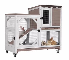 AIR7013 Premium 2-Story Wooden Rabbit Hutch with Casters, Pull-Out Tray