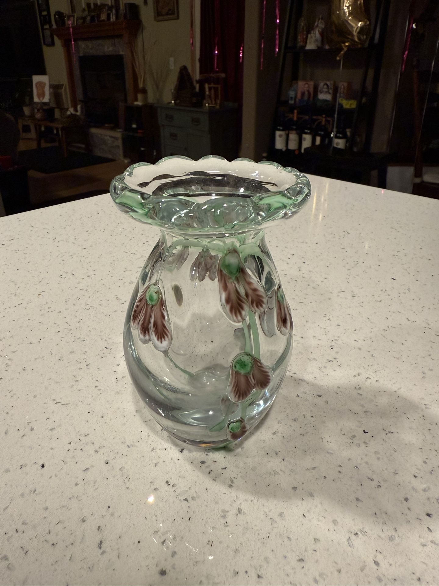 5” handblown glass vase green clear purple flower