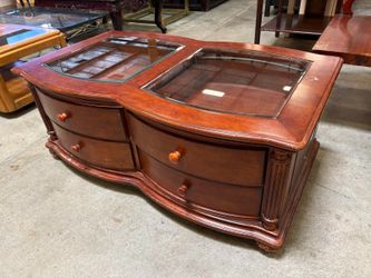 Cherry Finished 4 Drawer Dual Sided Glass Top Trinket Table