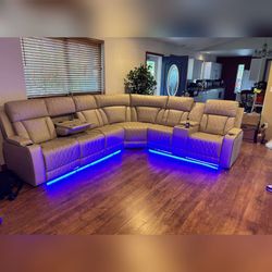 modern style Premium Beige breathing leather Power Reclining sectional Couch