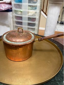 Vintage copper pot/ saucepan brass loop handle and a long wooden side handle