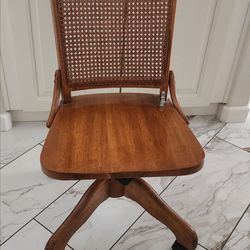 Vintage Caned/Rattan Back Oak Wood Office, Bankers Rolling Swivel Chair