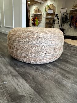 Boho Jute Pouf Ottoman – Natural Woven Floor Cushion / Foot Stool