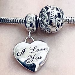 2 Charms For Pandora 925 Sterling Silver I Love You. Dangle MOM Charm