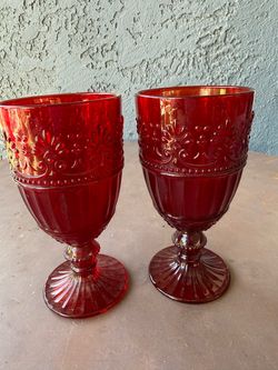 Red Pressed Glass Goblets Set of 2