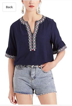 Women's Embroidery Mexican Bohemian Cotton Tops Shirt Tunic Blouses (Blue, M)