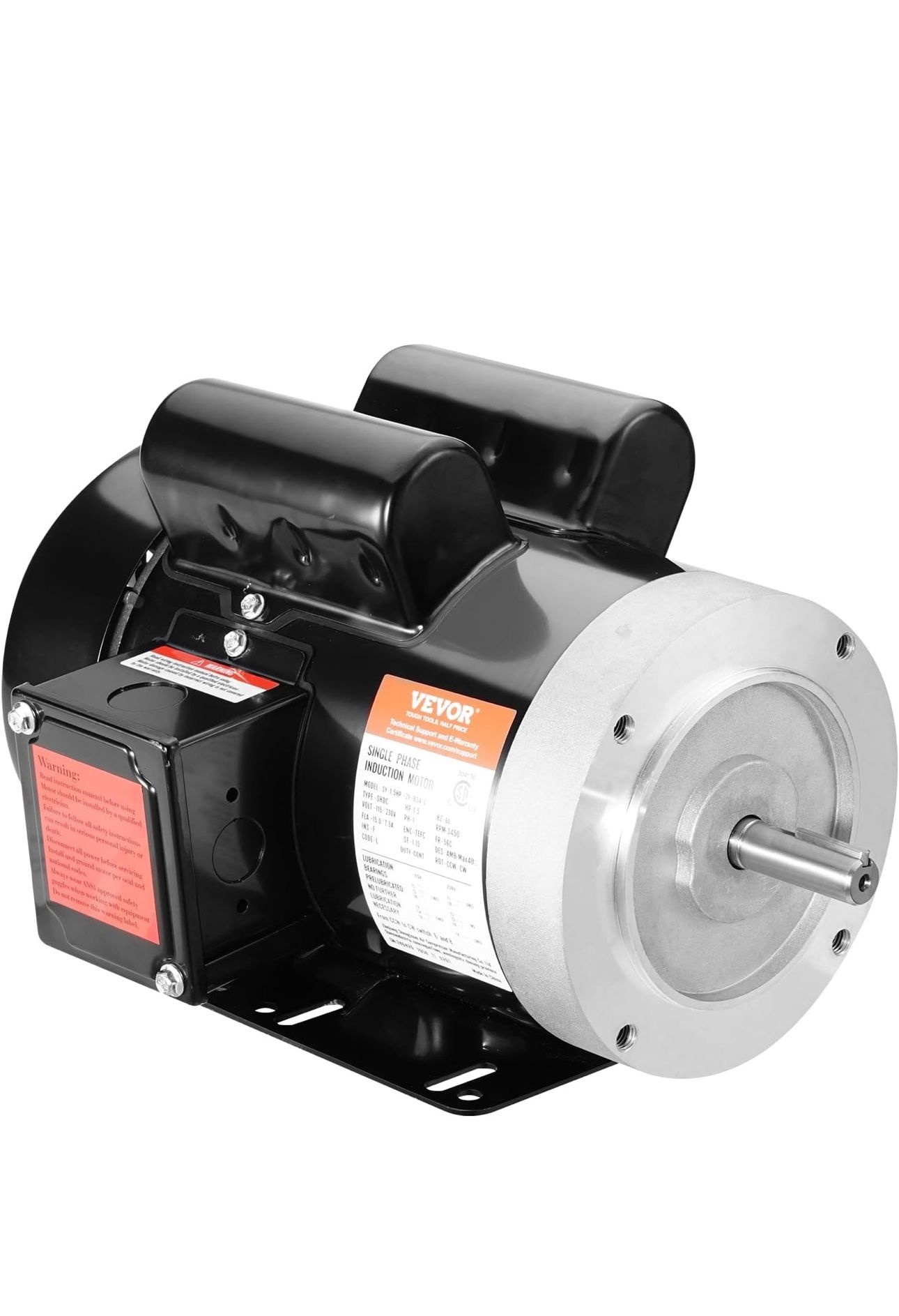 VEVOR 1.5HP Electric Motor 3450 RPM, AC 115V/230V, 56C Frame, Air Compressor Motor Single Phase, 5/8" Keyed Shaft, CW/CCW Rotation for General Equipme