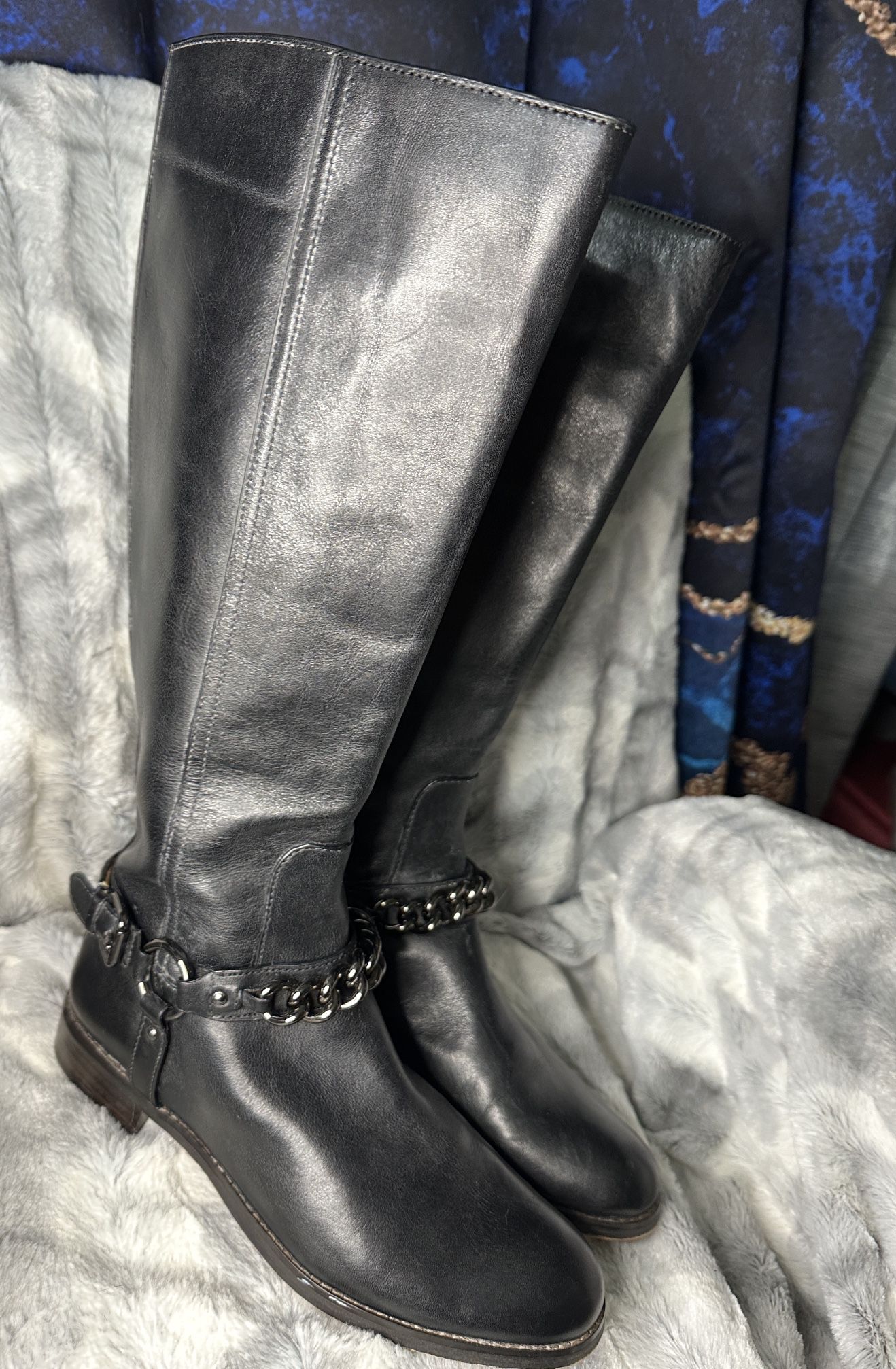 ‘Coach’ Black Mabel Leather Chain Buckle Knee High Riding Boots - Size 6B
