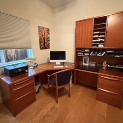 Home Office L-Shaped Corner Desk with Hutch and Built In Filling Cabinets + Chair