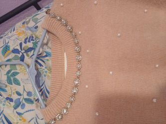 Blush Knit Sweater with Pearl and Rhinestone Trim