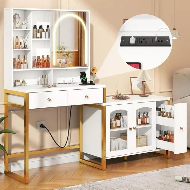 Corner Vanity Desk with Sliding Mirror and Lights, White and Gold Desk Vanity Tables with Storage Cabinet, Dressing Table for Girls, Women