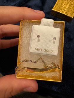 14k stud earrings and 10ktri color baby name plate bracelet