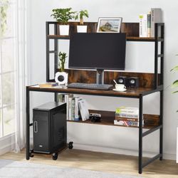 Sundale Computer Desk, 48“ Office Desk, Large Space Writing Table with Storage Bookshelf & Mobile CPU Stand, Retro Brown