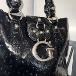 Vintage Guess Black Patent Ostrich Tote