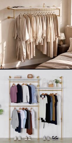 Gold Wall-Mounted Garment Rack with Shelf