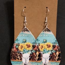 NEW Western Cowgirl Boho Cow Theme Faux Leather Teardrop Dangle Earrings