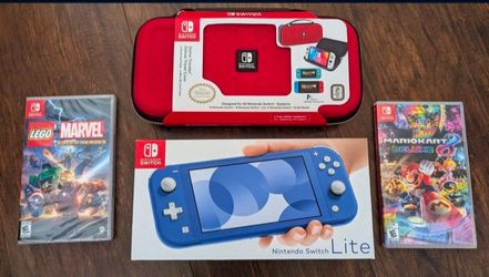 Nintendo Switch Lite Blue Gaming Console with MarioKart and Lego Marvel Bundle